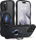 CAPRARO for iPhone 14 Pro Max Case with 360° Spin Magnetic Stand for Women, [Compatible with MagSafe] [Full Camera Protection] Cute Wave Translucent Matte Case for iPhone 14 Pro Max, Black