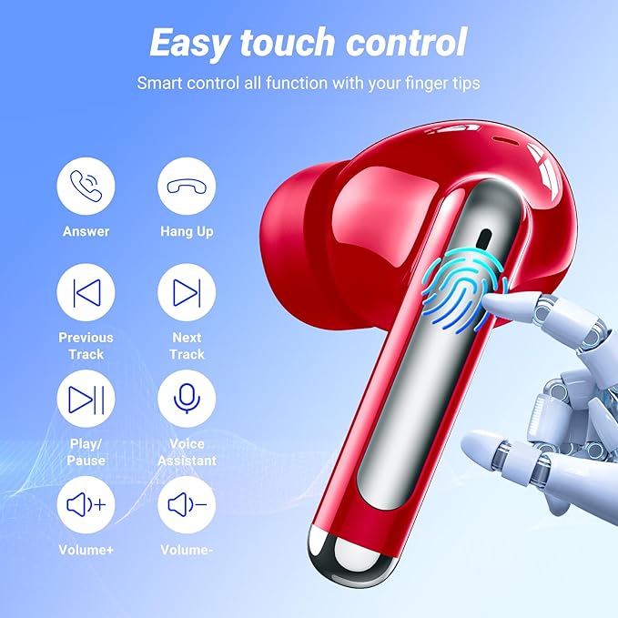 Wireless Earbuds Bluetooth 5.4 Headphones HiFi Stereo 42H Playback in Ear with 4 ENC Noise Cancelling Mic, IPX7 waterproof and LED battery display screen for Running Fitness Office Ear Buds in Red