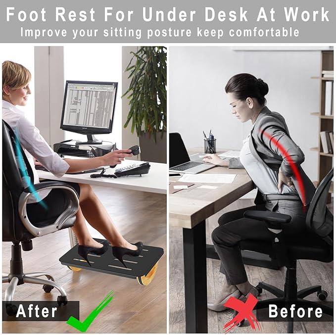 STWWO Ergonomic Rocking Foot Rest for Office, Wooden Footrest for Posture Support & Blood Circulation, Under Desk Chair Foot Rest Metal for Relieve Back, Lumbar Pain