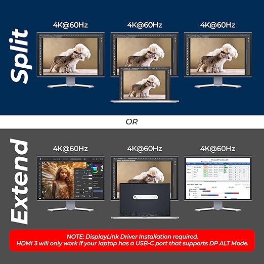 OREI DisplayLink Docking Station 3 Monitors – 3X 4K@60Hz HDMI – 6X USB (4X USB 3.0), Gigabit Ethernet, 100W PD, AUX – Triple Monitor Docking Station with Win & Mac Support