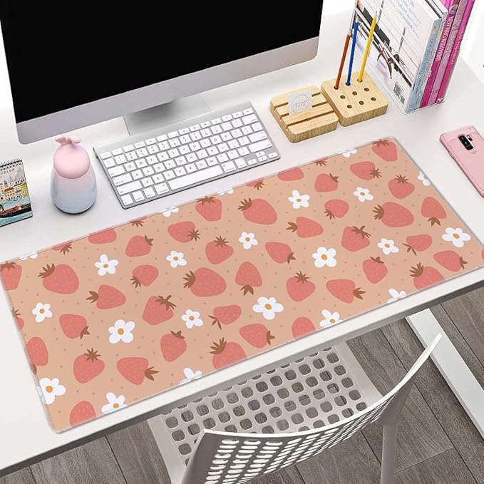 Strawberry and Daisy Pattern Desk Pad Pink Large Mouse Pad Gaming Mousepad Extended XL Keyboard Pad 31.5 x 11.8 in Laptop Computer Mouse Keyboard Mat for Office Desk Decor