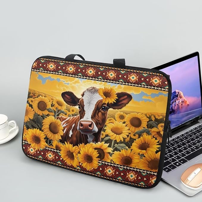 12 Inch Laptop Sleeve, Laptop Cover Computer Bag Tablet Carrying Case with Handle, Tribal Sunflower Cow Water-Repellent Tote Bags Notebook Sleeves Handbag Messenger Briefcase