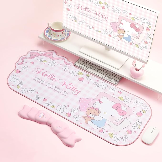 Kuitmor Kawaii Anime Mouse Pad Wrist Rest Support Set - Non-Slip Desk Mat and Memory Foam Bowknot Wrist Rest for Keyboard and Mouse,Perfect for Gaming or Home Office Work - FlowerCat