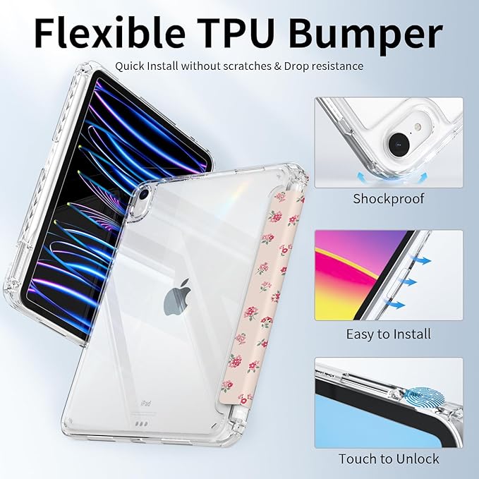 Case for iPad 11th Generation A16 Chip (2025), iPad 10th Generation (2022) Case, Protective Slim Clear Back Cover with Pencil Holder, Trifold Sturdy Stand, Pink Ditsy Floral
