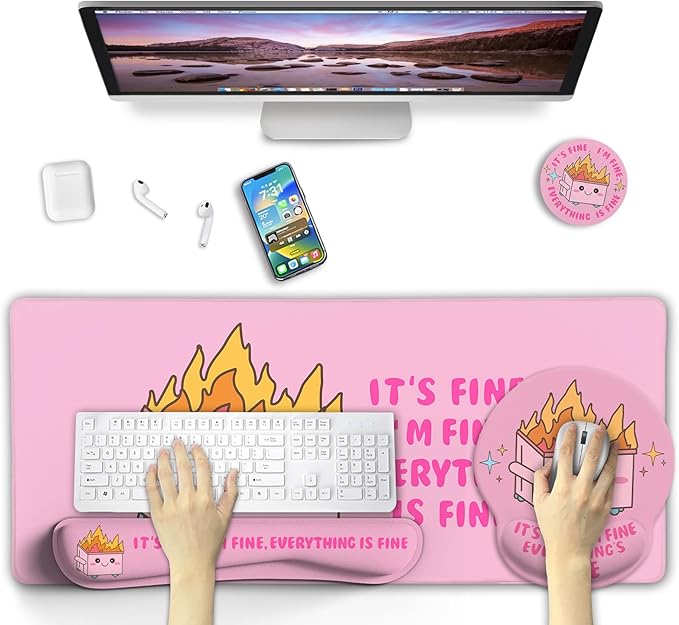 Blusabaca Dumpster on Fire Mouse Pad Desk Pad, Funny Cute Desk Mat Large Gaming Mouse Pad with Wrist Rest, Keyboard Pad Wrist Rest Ergonomic, Cup Coaster, Work Home Desk Accessories Office Supplies