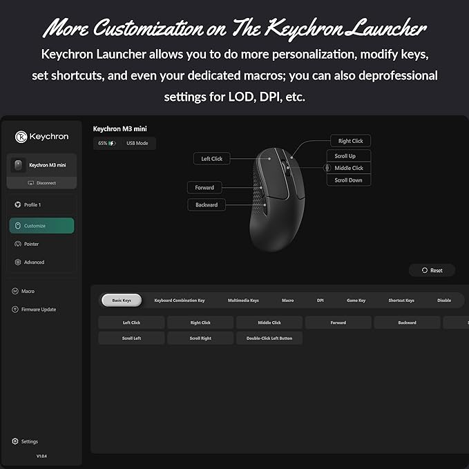Keychron M3 Mini Wireless Optical Mouse, Bluetooth 5.1/2.4 GHz/Wired Gaming Mouse, Programmable PixArt 3311 Sensor with up to 26,000 DPI/ 650 IPS, Lightweight Ergonomic for Windows Mac Linux - Black
