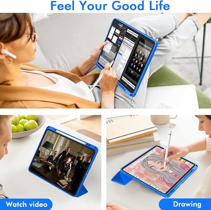 ZryXal New iPad Air 13 Inch Case M3 2025/M2 2024 with Pencil Holder, Trifold Stand Smart Case with Soft TPU Back,Auto Wake/Sleep(Medium Blue)