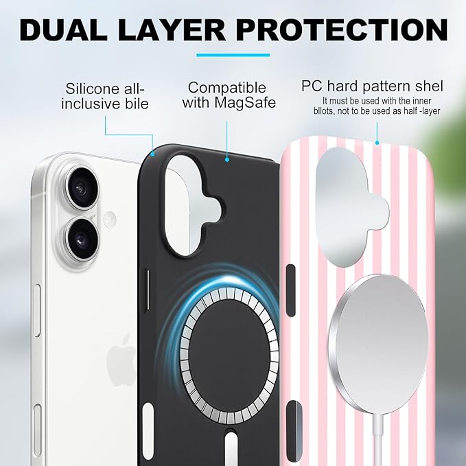 Magnetic for iPhone 17 Case Cute Stripes Phone Case, Shockproof Slim TPU and Hard PC Protective Phone Cover Compatible with MagSafe Designed for Women Girls, Pink and White