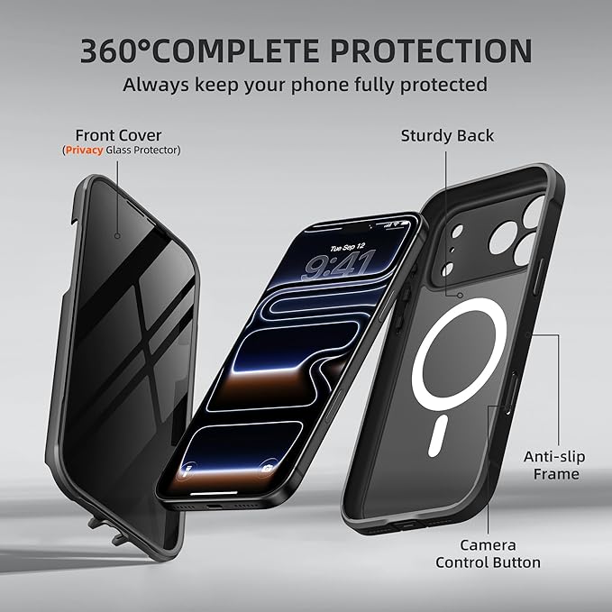 BERFY for iPhone 17 Pro Case, Compatible with MagSafe, Built-in Privacy Screen Protector, Camera Protection, Shockproof Full Body Phone Case 6.3", Translucent Black