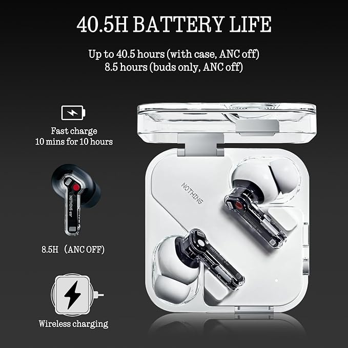 Nothing Ear Wireless Earbuds Bluetooth, 45dB Hybrid Smart ANC Earbuds, 11mm Deep Bass Boost, Hi-Res Audio with LDAC & LHDC 5.0, 6 Mics Call, 40.5H Playtime with Fast Charging Case, ChatGPT Supported