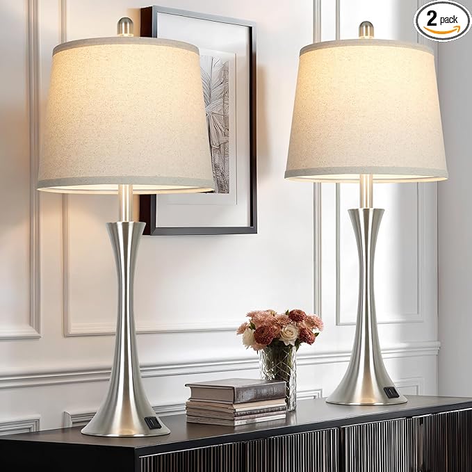 Rinweey 27.5" Silver Table Lamps Set of 2, Touch Bedside Lamps with USB C+A Ports, 3 Way Dimmable Nightstand Lamps for Bedroom, Living Room, Office, Silver Lamp with Beige Lampshade, Bulbs Included