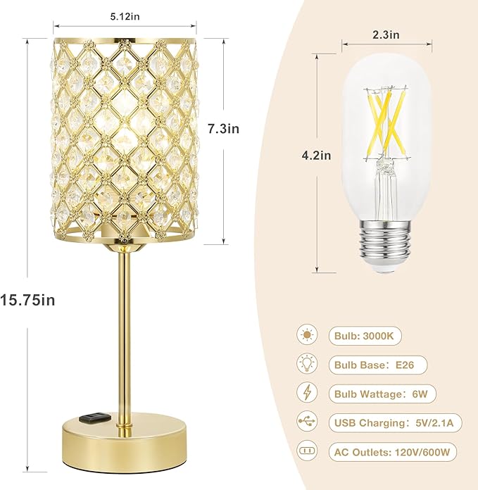 Touch Control Crystal Table Lamp-Dimmable Nightstand Lamp with USB-C+A & AC Charging Ports, 3-Way USB Gold Lamp, Bedside Desk Light for Bedroom Living Room Home Office(Bulb Included & Set of 2)