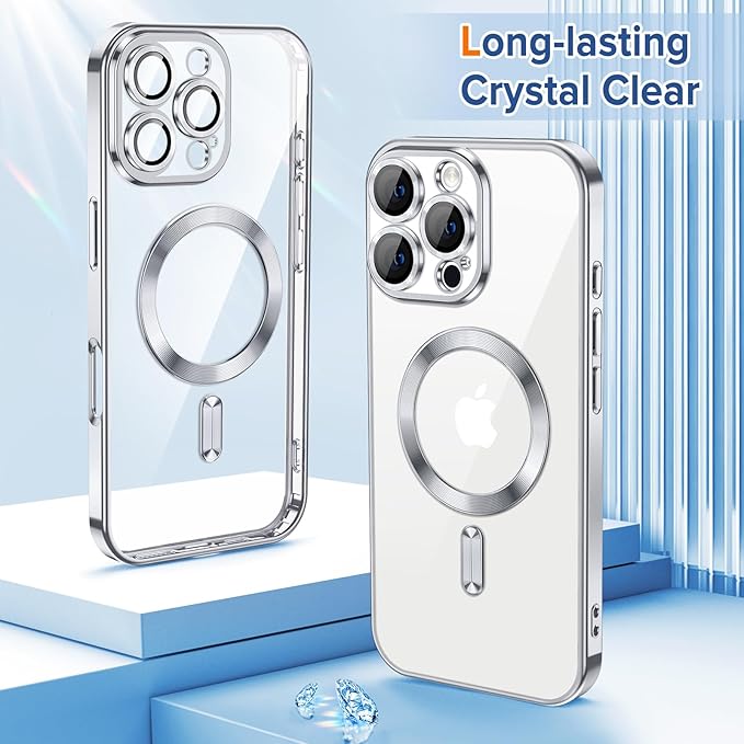 Hython Magnetic Clear for iPhone 16 Pro Case with Camera Lens Protector [Compatible with MagSafe] Luxury Plating Edge Slim Soft TPU Cover Protective Phone Case for iPhone 16 Pro 6.3", Silver