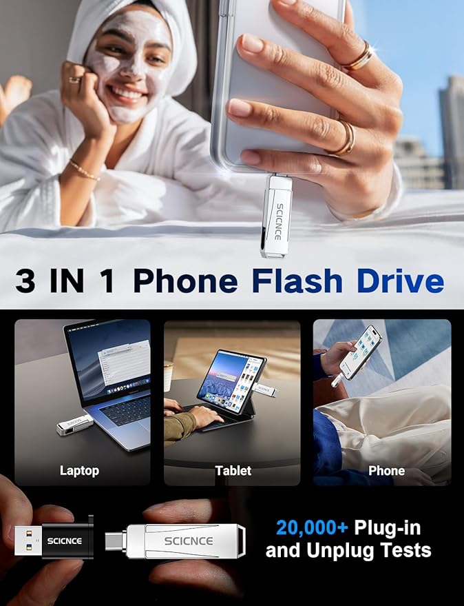 256GB Phone Flash Drive Photo Stick, USB Memory Stick for Photo Video Backup & Storage, No APP Required, Compatible with iPhone iPad Android PC, Bright Silver