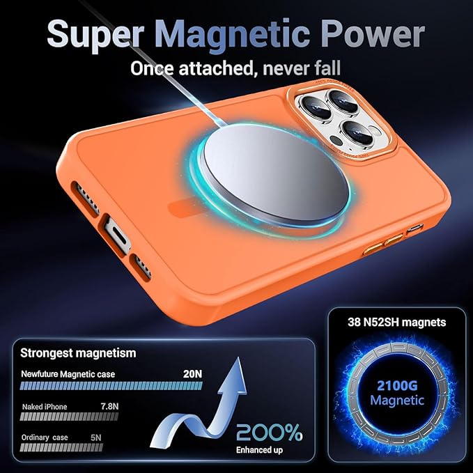 Newfuture Designed for iPhone 14 Pro Max Case with Magnetic [13 FT Military Drop Protection] [Compatible with Magsafe] Slim Translucent Matte Shockproof with Anti-Fingerprint Phone Case, Orange