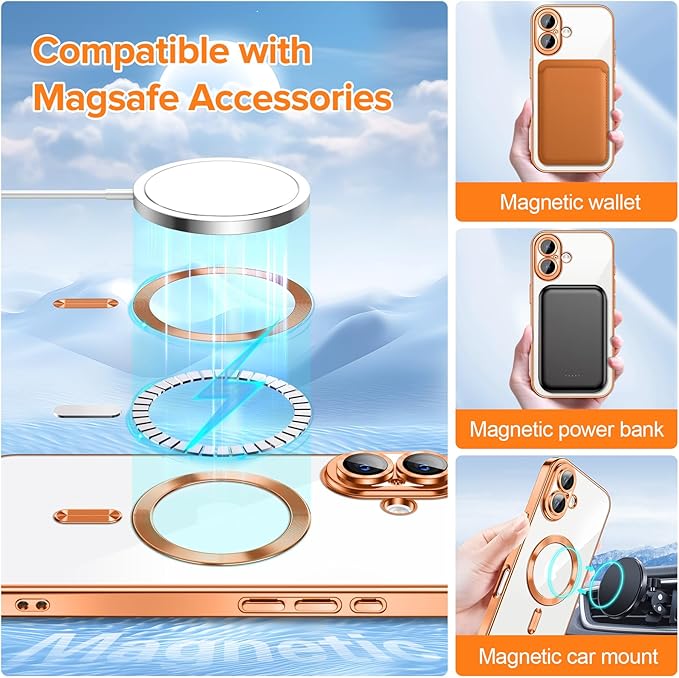 Hython Magnetic Clear for iPhone 16 Plus Case with Camera Lens Protector [Compatible with MagSafe] Luxury Plating Edge Slim Soft TPU Cover Protective Phone Case for iPhone 16 Plus 6.7", Orange