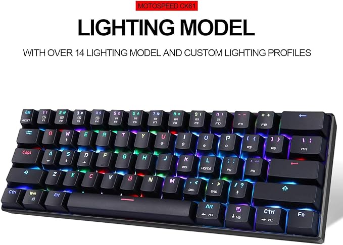 MOTOSPEED 60% Mechanical Keyboard Portable 61 Keys RGB LED Backlit Type-C USB Wired Office/Gaming Keyboard for Mac, Android, Windows（Blue Switch）