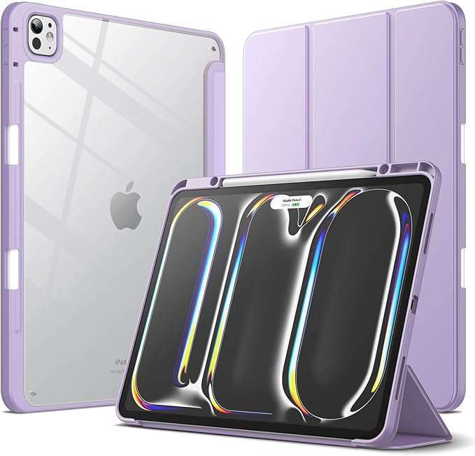 JETech Case for iPad Pro 13-Inch M5/M4 (2025/2024) with Pencil Holder, Clear Transparent Back Shell Slim Stand Shockproof Tablet Cover, Auto Wake/Sleep (Purple)