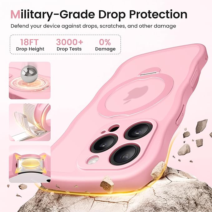 CAPRARO for iPhone 16 Pro Case with 360° Spin Magnetic Stand for Women, [Compatible with MagSafe] [Full Camera Protection] Cute Wave Translucent Matte Case for iPhone 16 Pro, Peach Pink