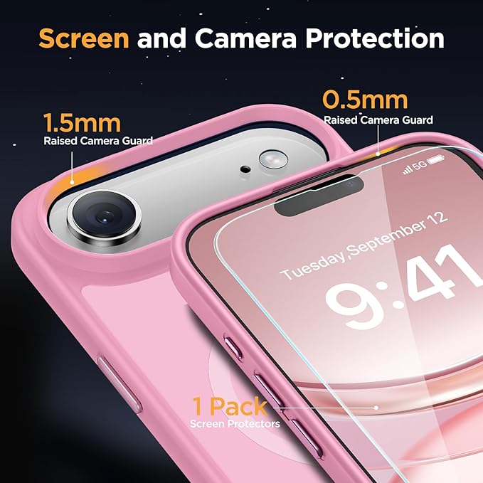 Miracase Magnetic for iPhone Air Case with Screen Protector(Compatible with MagSafe), Slim Thin Translucent Matte Military-Grade Protected Phone Cover for iPhone 17 Air 6.5", Light Pink