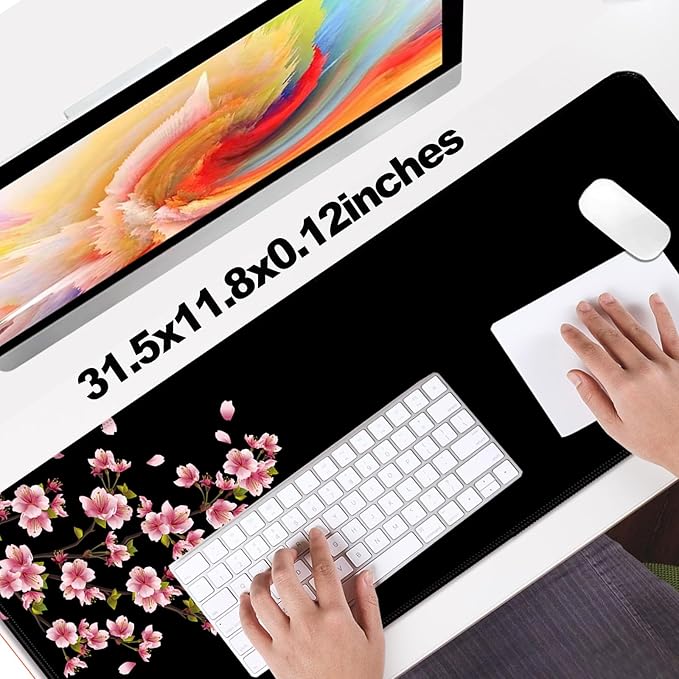 Japanese Cherry Blossom Gaming Desk Mat, Computer Keyboard Large Extended Flowers Mouse Pad for Office and Home, 31.5×11.8 Inches, XL, Black