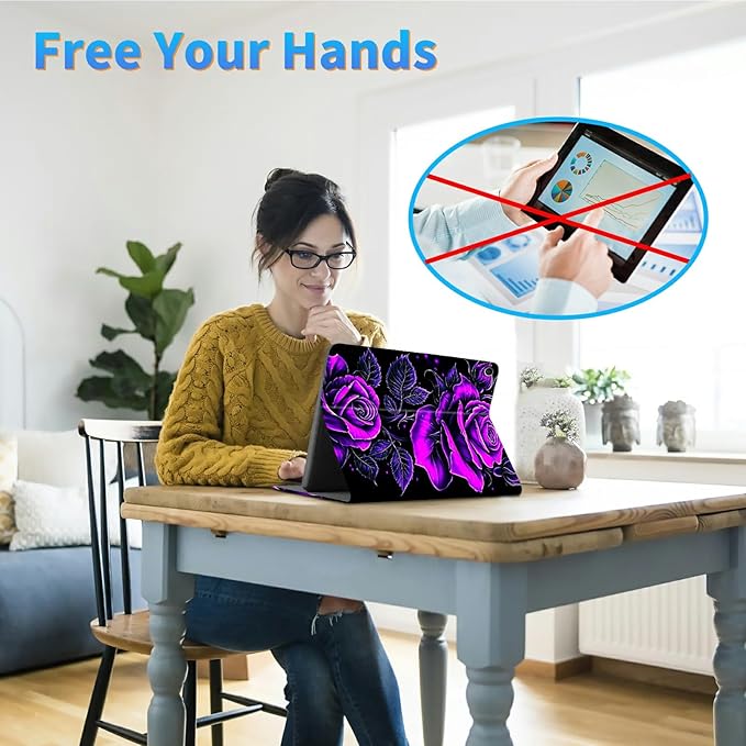 for Amazon Kindle Fire HD 10 (9th/7th/5th Generation, 2019/2017/2015 Release) 10.1" Tablet Case, Slim Kickstand Stand Leather Smart Cover with Auto Wake/Sleep, Purple Rose 01