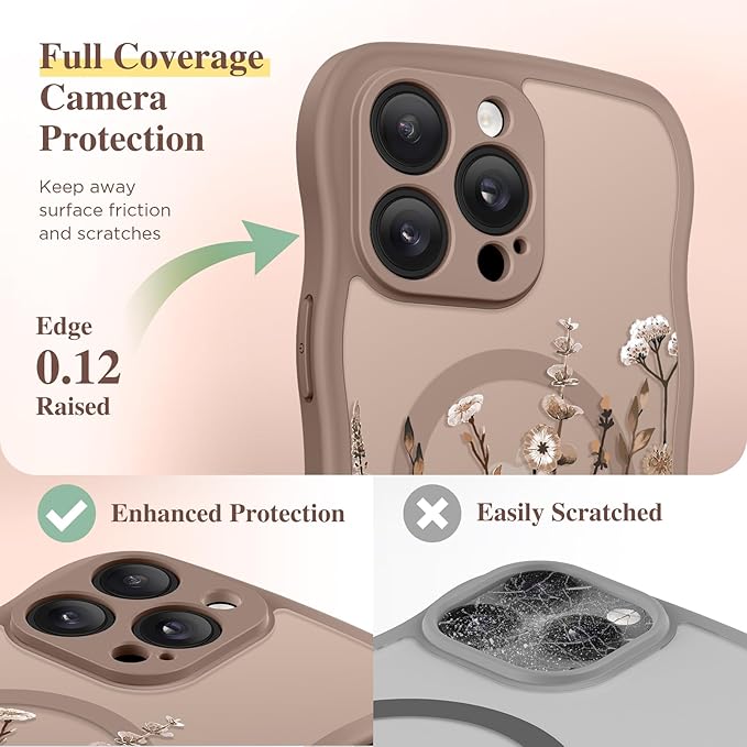 GVIEWIN for iPhone 14 Pro Max Case Compatible with MagSafe [Curly Wave Edge][Full Camera Protection] Floral Translucent Shockproof Magnetic Women Phone Case for 14 Pro Max, Floratopia/Brown