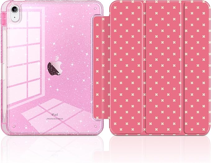 DONGKE for iPad Pro 11 inch Case – Fits M5 2025 / M4 2024, Shockproof Sparkling Glitter Acrylic Back, Pencil Holder, Trifold Stand, Auto Sleep/Wake & Touch ID Support - Dark Pink Cross Dot