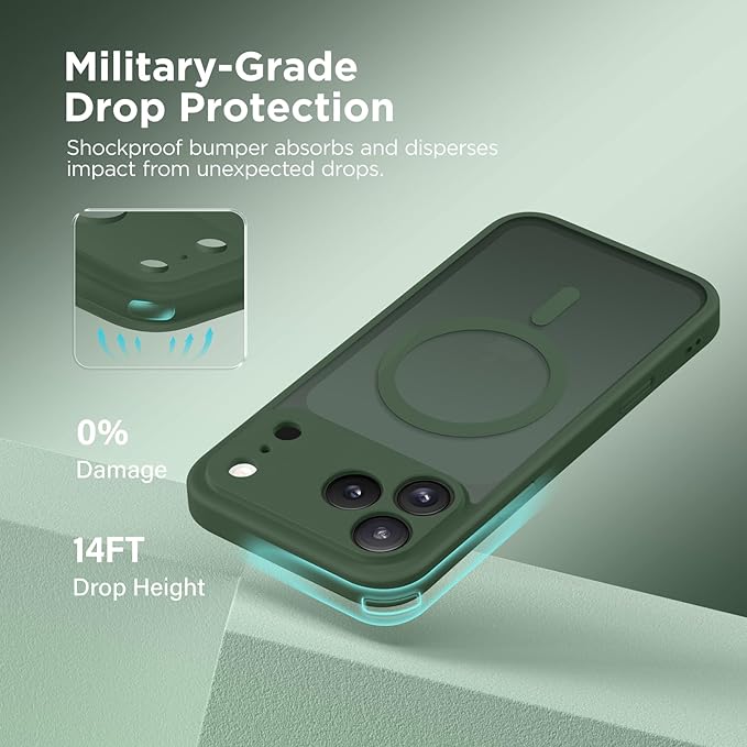 CAPRARO Magnetic for iPhone 17 Pro Max Case, Upgraded [Full Camera Protection] [Compatible with MagSafe] Protective Translucent Matte Women Girl Phone Case Cover, Deep Green