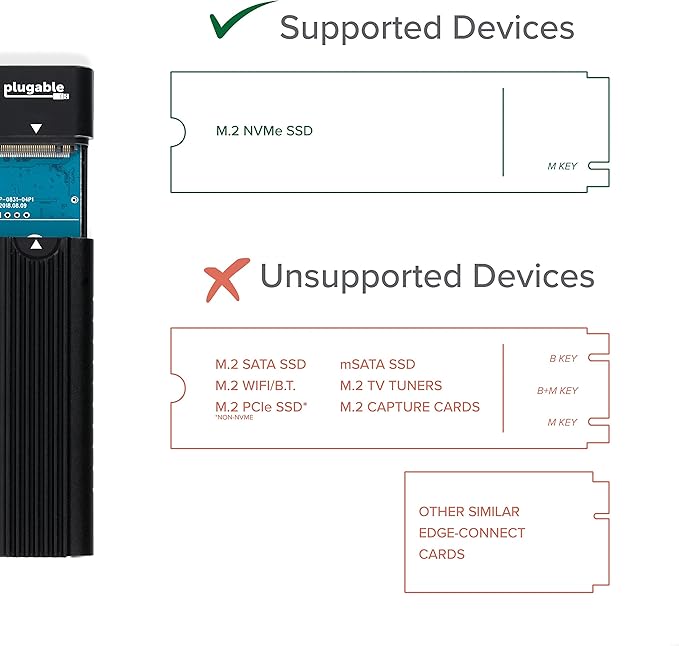 Plugable M.2 NVMe SSD Enclosure; Tool-Free & Driverless, USB 3 Type-C, Including Thunderbolt and USB4, at 10Gbps. for M.2 NVMe SSDs 2230 to 2280 PCIe Gen 3 and 4. USB Cables Included