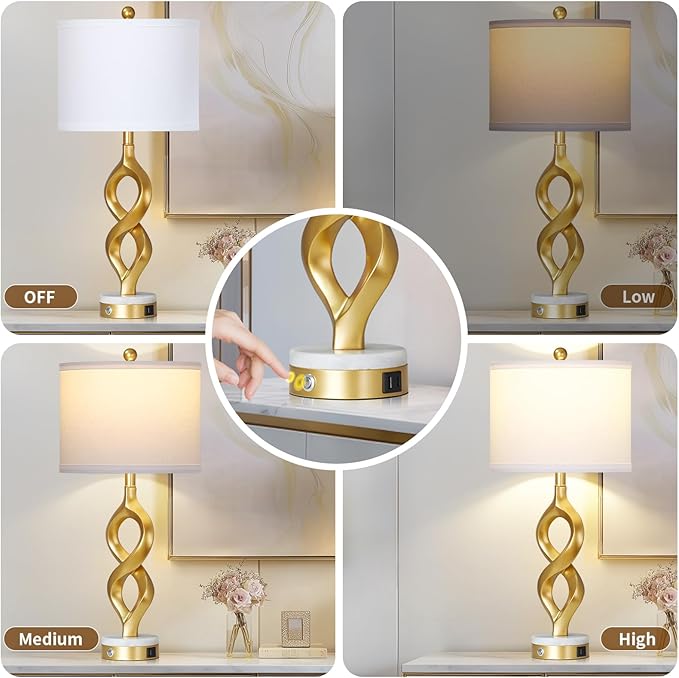 Cinyirong 30" White and Gold Table Lamps Set of 2 for Living Room, Modern Touch Control Bedside Lamps for Bedroom, 3-Way Dimmable Sculptural Resin Nightstand Lamps with USB A+C Ports and 2 LED Bulbs