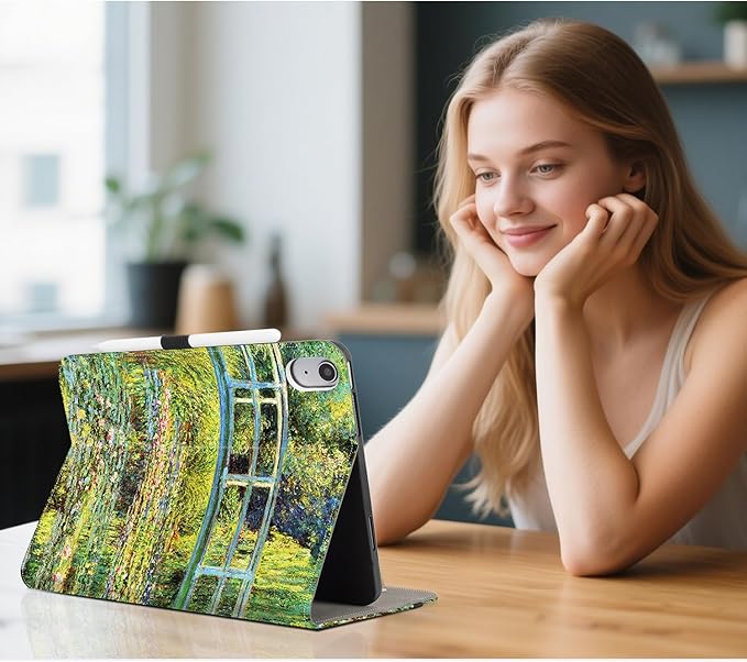 for iPad (A16) 11Th/10Th Generation Case 2025/2022, for iPad Case 11Th/10Th Generation, Fit iPad 10Th/11Th Gen Cases Pencil Holder/Hand Strap/Pocket/Adjustable Stand, Beautiful Water Lilies