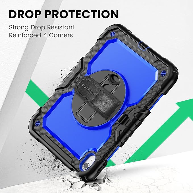 SEYMAC Case for iPad (A16) 11th/10th Generation 2025/2022 (11″/10.9″), Heavy Duty Full-Body Shockproof Protective Case with Screen Protector, Rotating Stand, Hand/Shoulder Strap, Black/Dark Blue