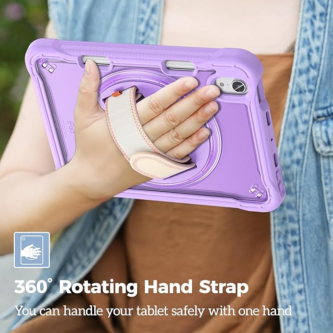 ProCase Rugged Case for iPad mini 7th(A17 Pro) 2024 / 6th Generation 8.3" 2021, Heavy Duty Shockproof Rugged Cover with Hand Strap 360 Degree Rotatable Kickstand Protective for iPad mini 8.3 -Purple