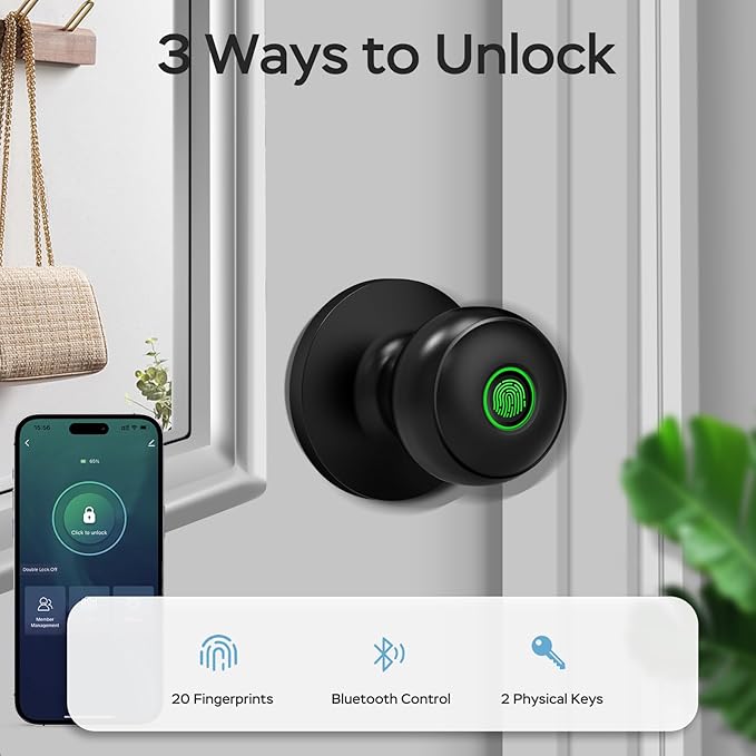 GeekTale Fingerprint Door Lock for Bedrooms, Fingerprint Door Knob with Lock, Smart Door Lock, App Control, Back-up Keys, Thumbprint Door Knob for Bedrooms, Office, Apartment