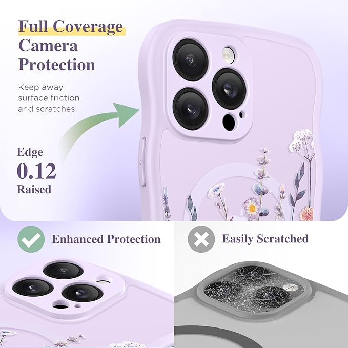 GVIEWIN for iPhone 14 Pro Case Compatible with MagSafe [Curly Wave Edge][Full Camera Protection] Floral Translucent Shockproof Magnetic Women Phone Case for 14 Pro, Floratopia/Colorful