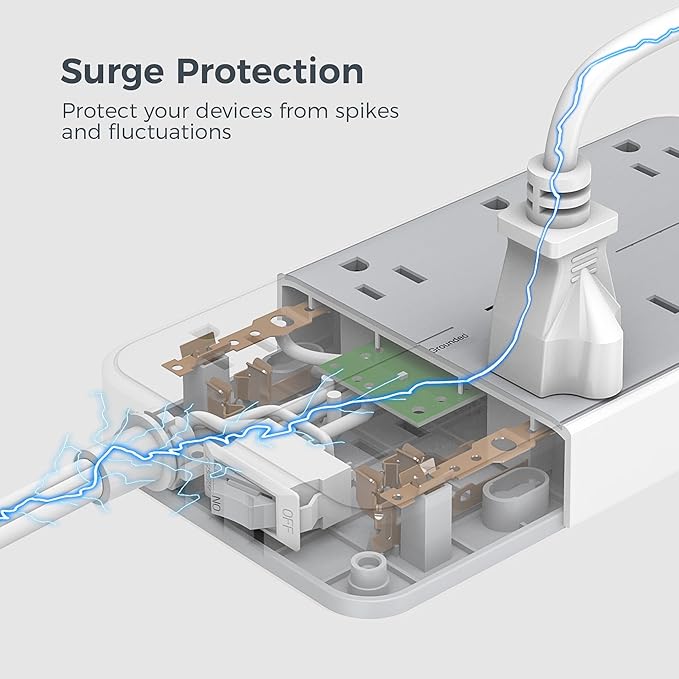 TESSAN Power Strip Surge Protector, 10FT Flat Plug Extension Cord with 8 Outlets 3 USB Charger(1 USB C), 1080 Joules Protection, Wall Mountable Charging Station for Home Office Dorm, Gray