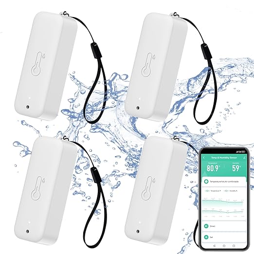 Smart Hygrometer Thermometer: Waterproof Humidity and Temperature Sensor Gauge with App Alert Notification, Indoor and Outdoor Self Magnet WiFi Temperature Sensor, Compatible with Alexa (4 Pack)
