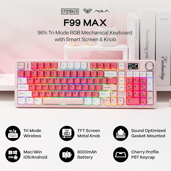 EPOMAKER Aula F99 MAX Wireless Mechanical Keyboard, Smart Screen & Knob, 8000mAh, 2.4Ghz/BT Creamy Keyboard, Pre-Lubed Switch, Hot-Swappable, RGB Backlit, Custom Software (Pink)