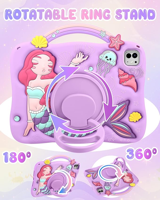 Boaretiu for iPad Air 11 Inch Case M3/M2 - for iPad Pro 11 Inch Cute Cartoon 3D Mermaids Girls Teens Soft Silicone Air 4th/5th Generation 10.9" Tablet Cover with Strap & Rotating Stand