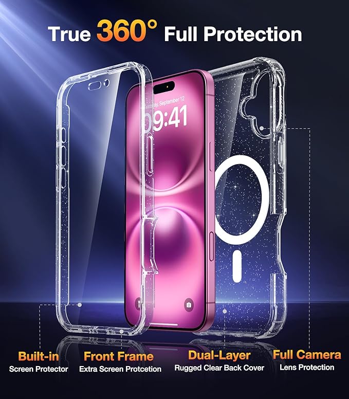 Diaclara Magnetic Designed for iPhone 16 Plus Phone Case,[Full Camera Protection] 360 Clear Bumper Compatible with MagSafe Built-in Screen Protector for 16 Plus,Magnetic Clear Glitter