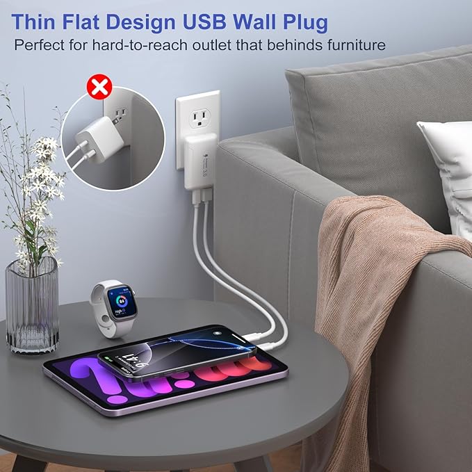 Slim Flat USB C Wall Plug, OKRAY 50W Ultra-Thin&Foldable Dual USB Charger PD30W USB-C+USB-A Fast Charging Block Multiport Travel Power Adapter for iPhone 17 Air 16 15 14 13 12 Pro,iPad, AirPods,iwatch