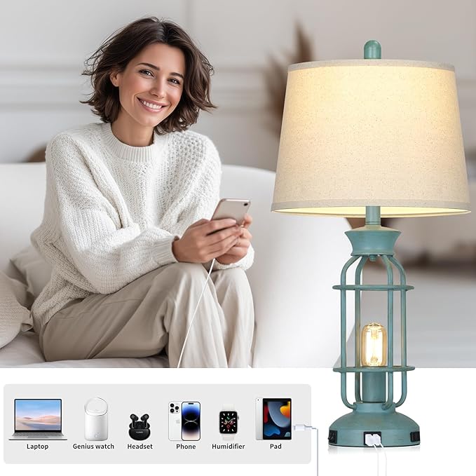 28" Tall Farmhouse Table lamps for Living Room, Vintage Industrial Table Lamp with USB C+A Ports & Outlet, Rustic Bedside Lamps with 2 Nightlight & Linen Fabric Shade for Nightstand Bedrooms Desk Blue
