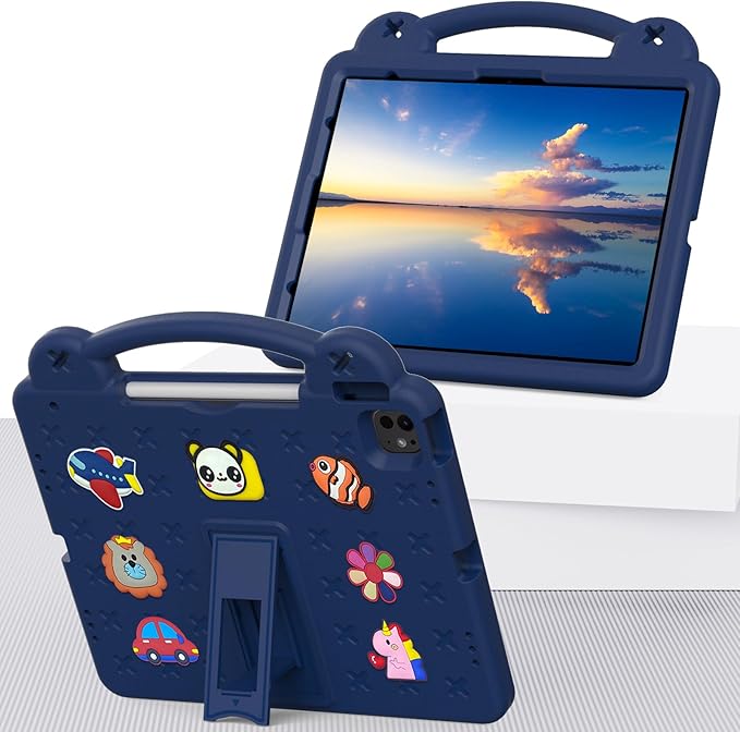 Kids Case for iPad Air 13 inch M3 2025/M2 2024,iPad Pro 13 inch M4 2024 & iPad Pro 12.9 inch Case 6th/5th/4th/3rd Gen 2022 2021 2020 2018 with Stand/Pencil Holder/Handle, Navy Blue Bear