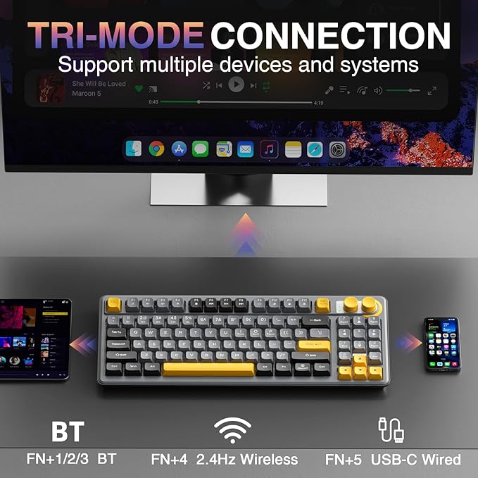 SOLAKAKA SK90 75% Wireless Gaming Keyboard - 4000mAh Tri-Mode (BT5.0/2.4G/USB-C) Cute Creamy Gaming Keyboard with Number Pad, Media Knob, RGB Backlit, Quiet Keys Silent Office Keyboards for PC MAC