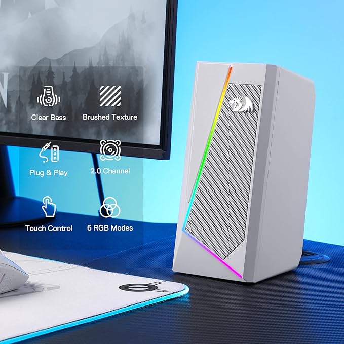 Redragon GS520 RGB Desktop Speakers, 2.0 Channel PC Computer Stereo Speaker with 6 Colorful LED Modes, Enhanced Sound and Easy-Access Volume Control, USB Powered w/ 3.5mm Cable, White