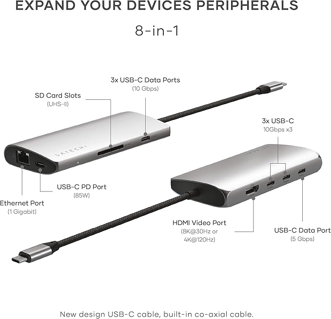 Satechi 8 in 1 USB C Hub Multiport Adapter V3, 8K HDMI, 100W Charging, 4 USB Data Ports, Ethernet, SD Card Reader, for Laptop, for Mac/Windows, MacBook Air/Pro/Neo, iPad Air/Pro - Space Gray