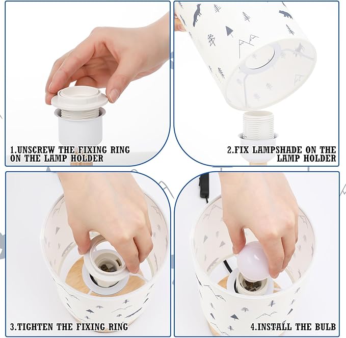 VIHOSE Forest Animals Bedside Table Lamp Vintage Nightstand Lamp with Linen Fabric Shade Solid Wood Base Decoration for Kids Living Room Bedroom Desk Dorm