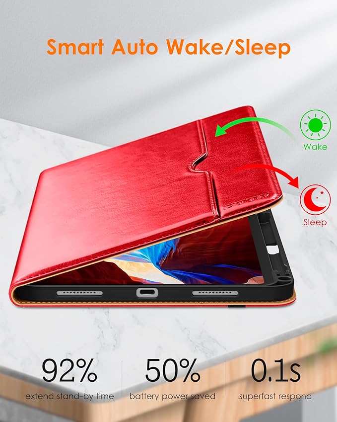 DTTO for iPad Pro 11 inch Case (M5/M4) 2025/2024, Premium Leather Business Folio Stand Cover with Pencil Holder - Auto Wake/Sleep and Multiple Viewing Angles, Bright Red