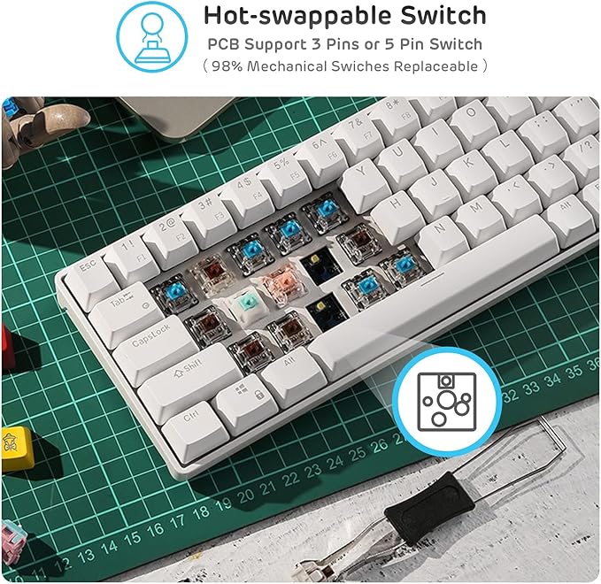 RK ROYAL KLUDGE RK61 Wireless 60% Triple Mode BT5.0/2.4G/USB-C Mechanical Keyboard, 61 Keys Wireless Mechanical Keyboard, Compact Gaming Keyboard with Software (Hot Swappable Red Switch, White)